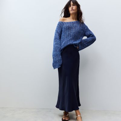 Comely84237 Navy Blue Satin Midi Skirt