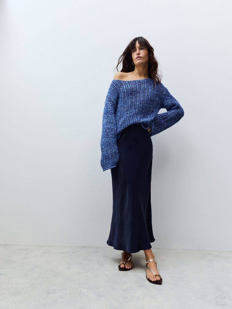 Comely84237 Navy Blue Satin Midi Skirt