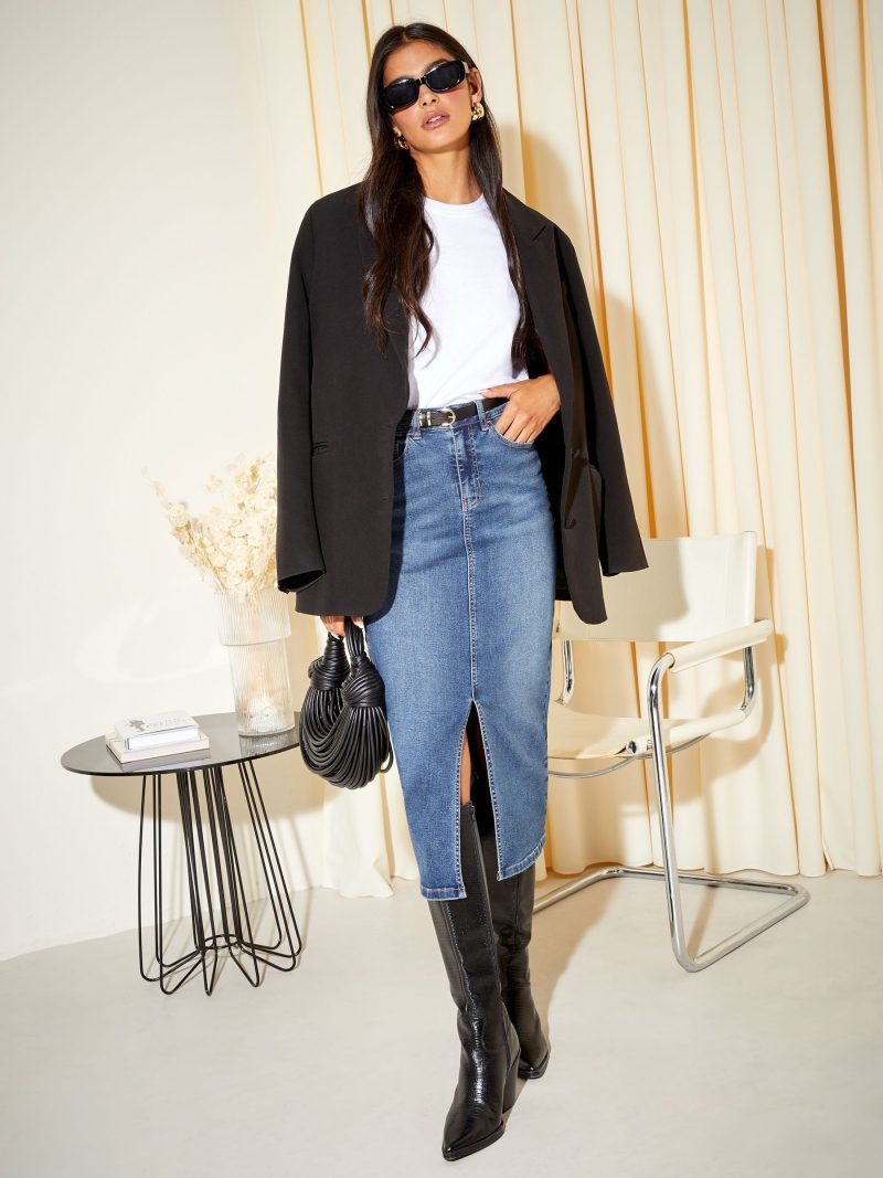 Comely84240 Mid Blue Split Front Denim Midi Skirt - Image 2