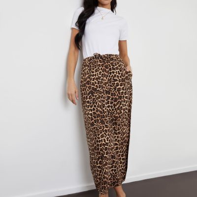 Comely84246 Brown Leopard Print Lightweight Jersey 100% Cotton Midi Skirt with Pockets