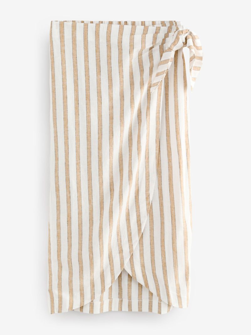 Comely84236 Ecru/Yellow Linen Rich Striped Wrap Midi Skirt - Image 5