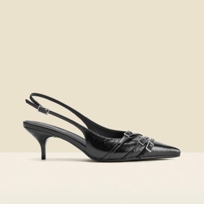 Comely84302 Black Leather Buckle Detail Kitten Heel Slingbacks