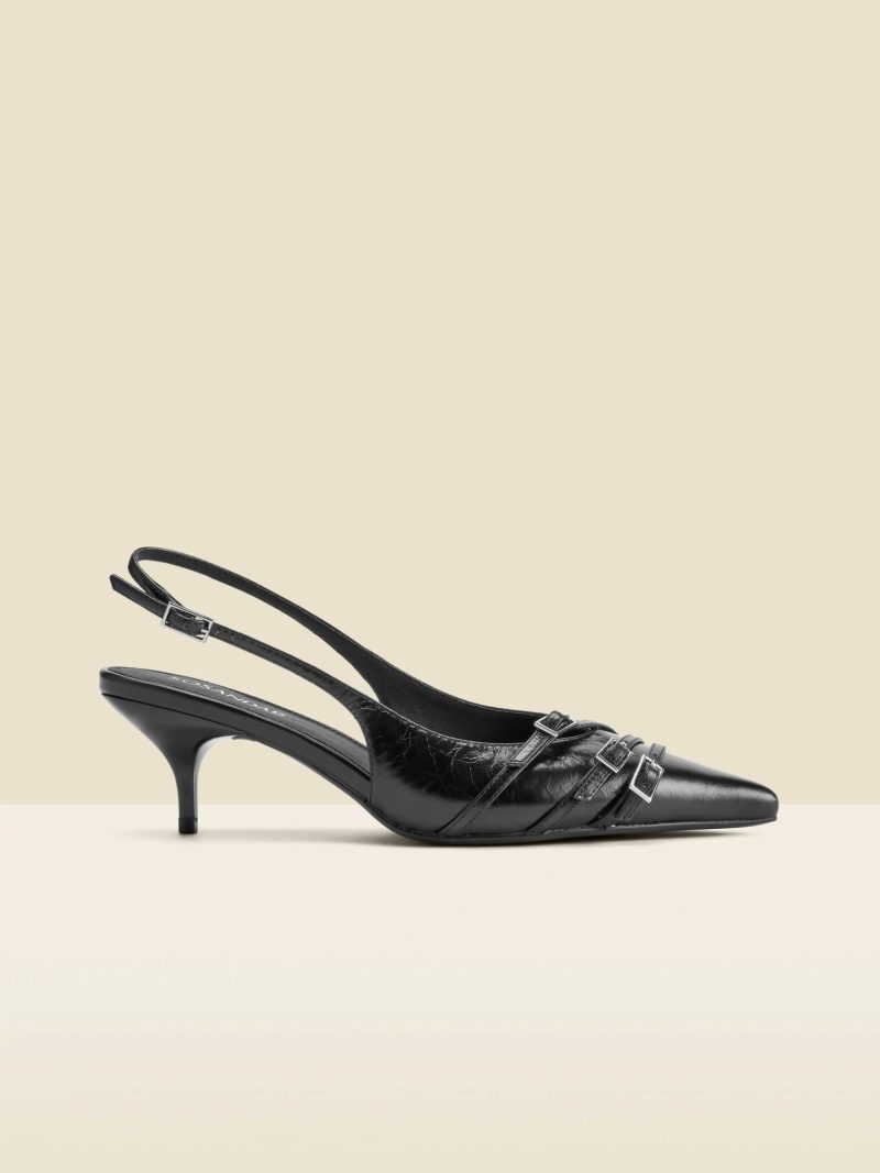 Comely84302 Black Leather Buckle Detail Kitten Heel Slingbacks