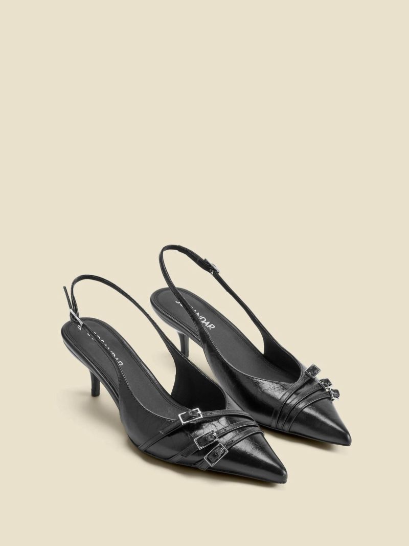 Comely84302 Black Leather Buckle Detail Kitten Heel Slingbacks - Image 2