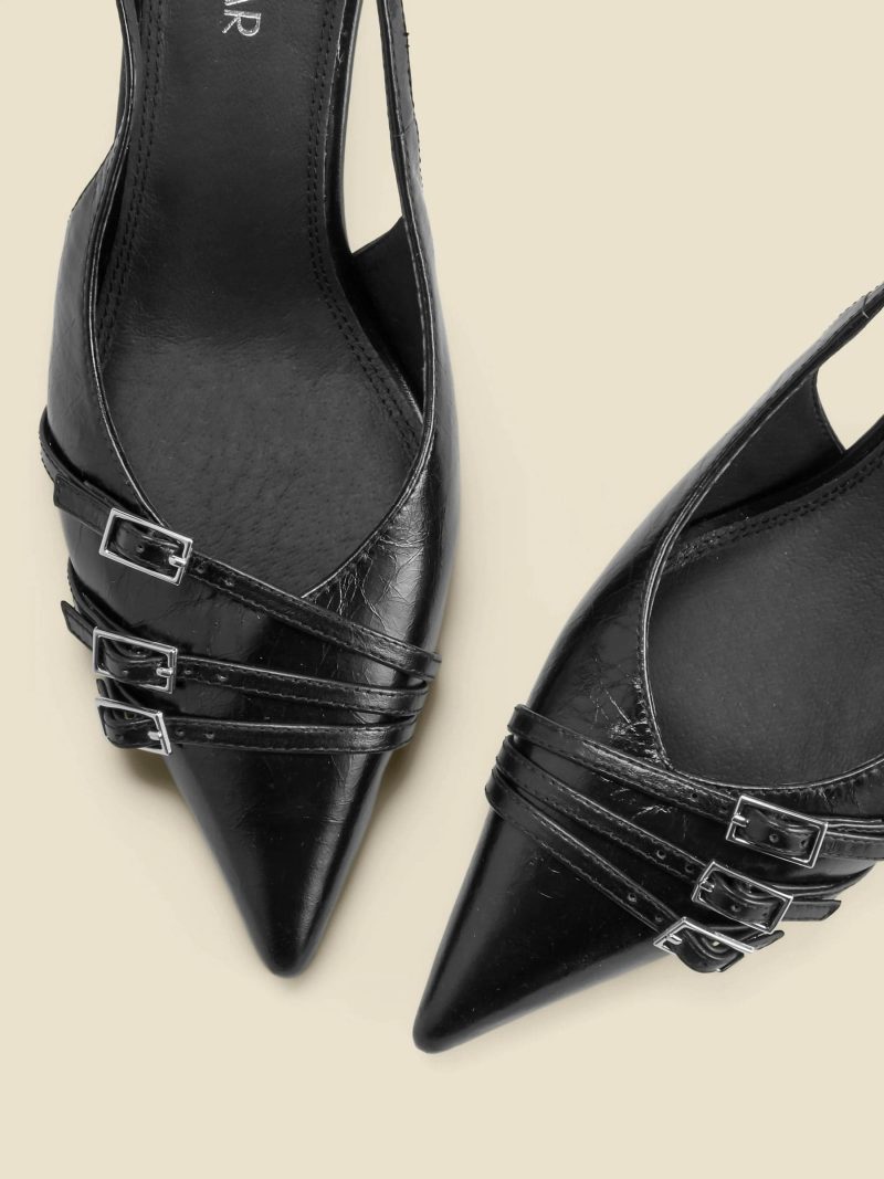 Comely84302 Black Leather Buckle Detail Kitten Heel Slingbacks - Image 3
