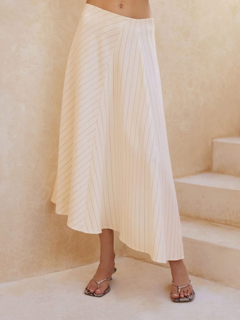 Comely84247 Black & White Striped Asymmetric Midi Skirt with Linen - Image 2