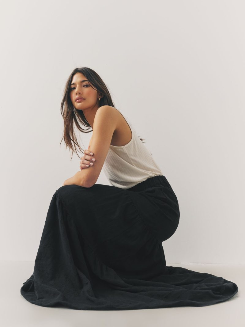 Comely84233 Black 100% Cotton Tiered Maxi Skirt