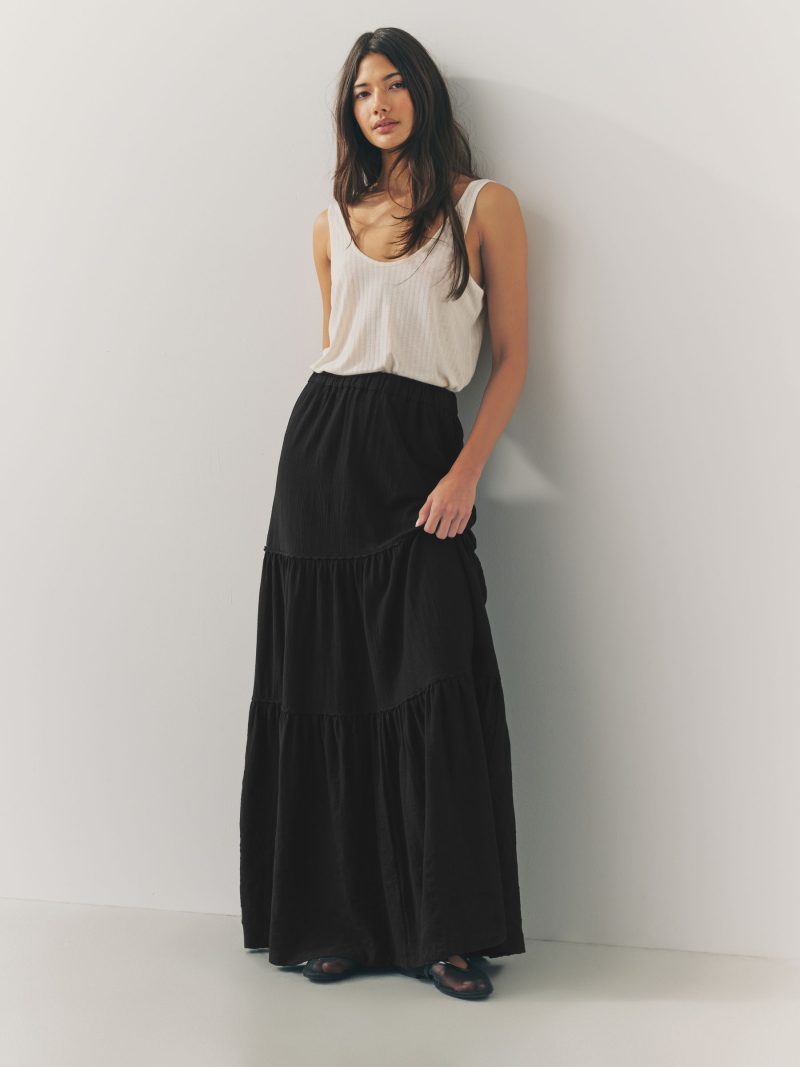 Comely84233 Black 100% Cotton Tiered Maxi Skirt - Image 2