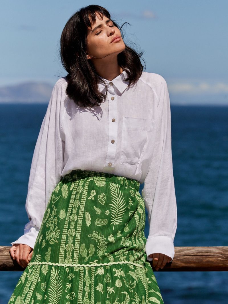 Comely84245 Green Feather Print 100% Cotton Tiered Maxi Skirt - Image 4