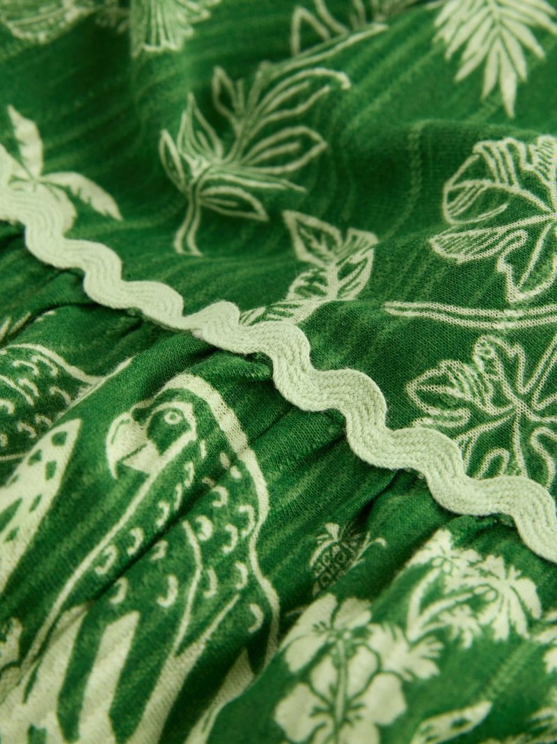 Comely84245 Green Feather Print 100% Cotton Tiered Maxi Skirt - Image 9