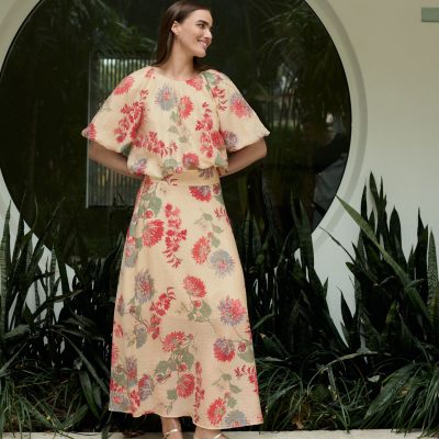 Comely84250 Ecru/Red Floral Print Drape Lightweight Maxi Skirt