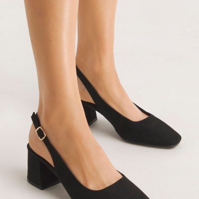 Comely84304 Black Wide Fit Flexi Sole Kitten Slingback Block Heel Shoes