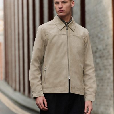 Comely84272 Neutral Faux Suede Zip Through Collared Shacket