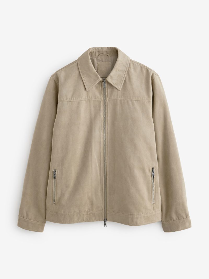 Comely84272 Neutral Faux Suede Zip Through Collared Shacket - Image 7
