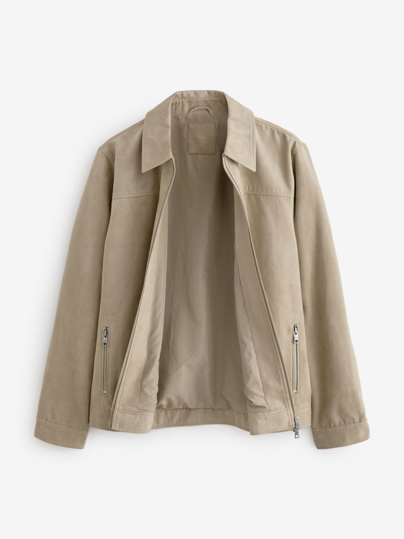 Comely84272 Neutral Faux Suede Zip Through Collared Shacket - Image 8