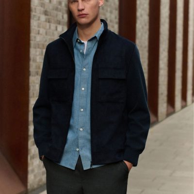 Comely84280 Navy Blue Faux Suede Jacket with Knitted Sleeves