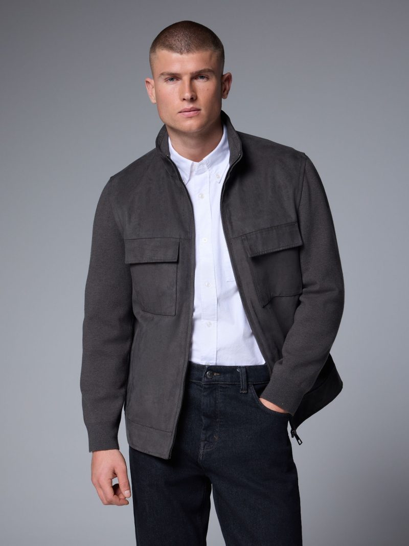 Comely84279 Brown Faux Suede Jacket with Knitted Sleeves