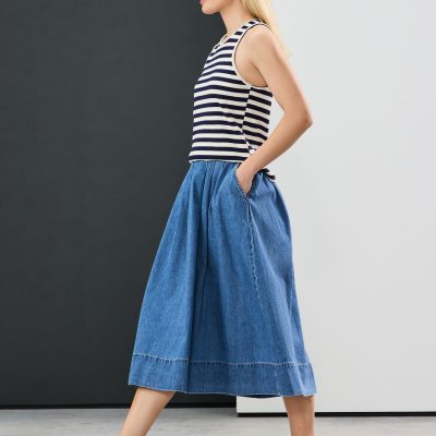 Comely84241 Mid Blue Denim Full A-line Denim 100% Cotton Midi Skirt