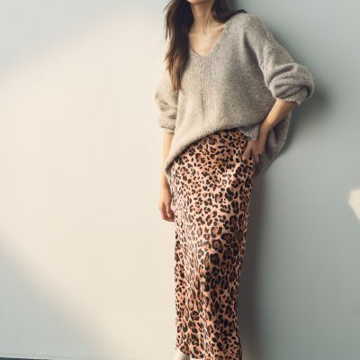 Comely84232 Leopard Print Satin Midi Skirt