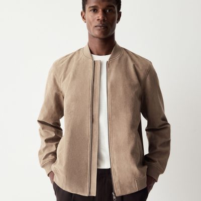 Comely84267 Neutral Faux Suede Bomber Jacket