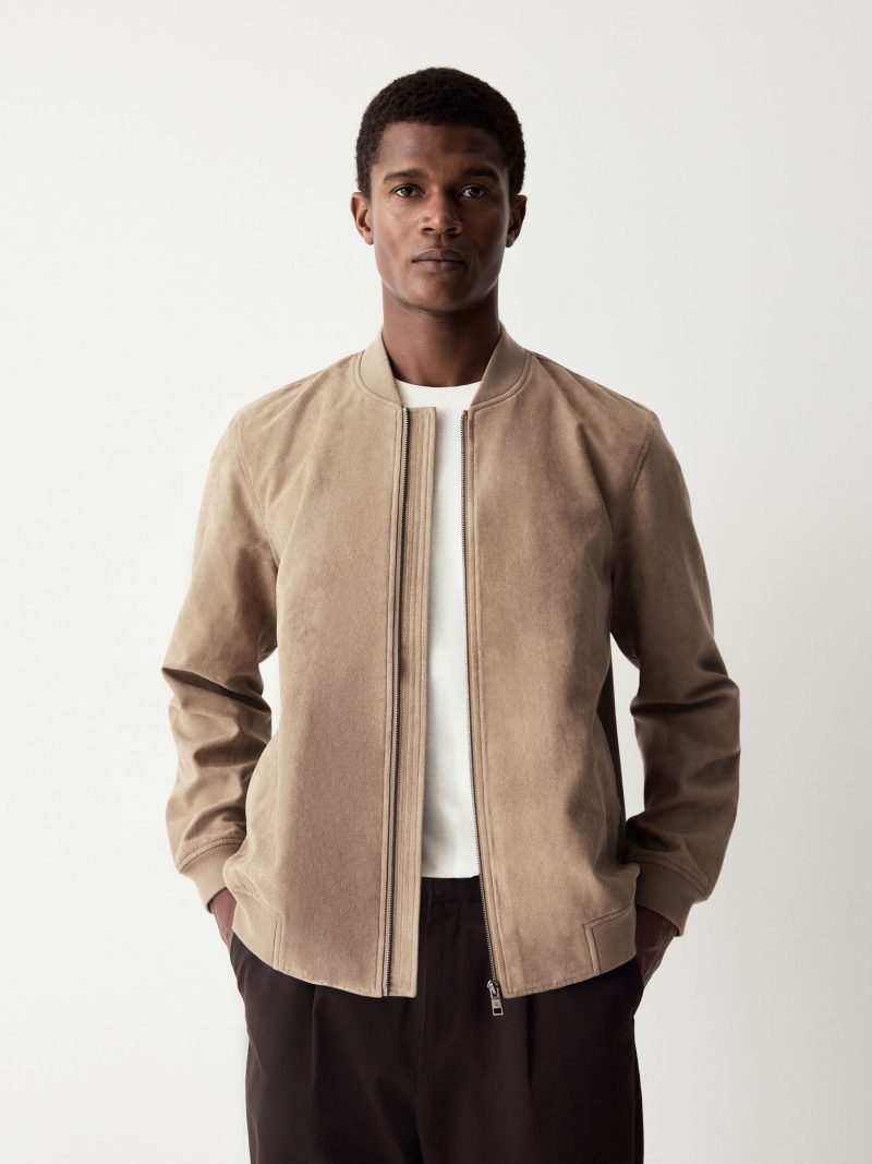 Comely84267 Neutral Faux Suede Bomber Jacket