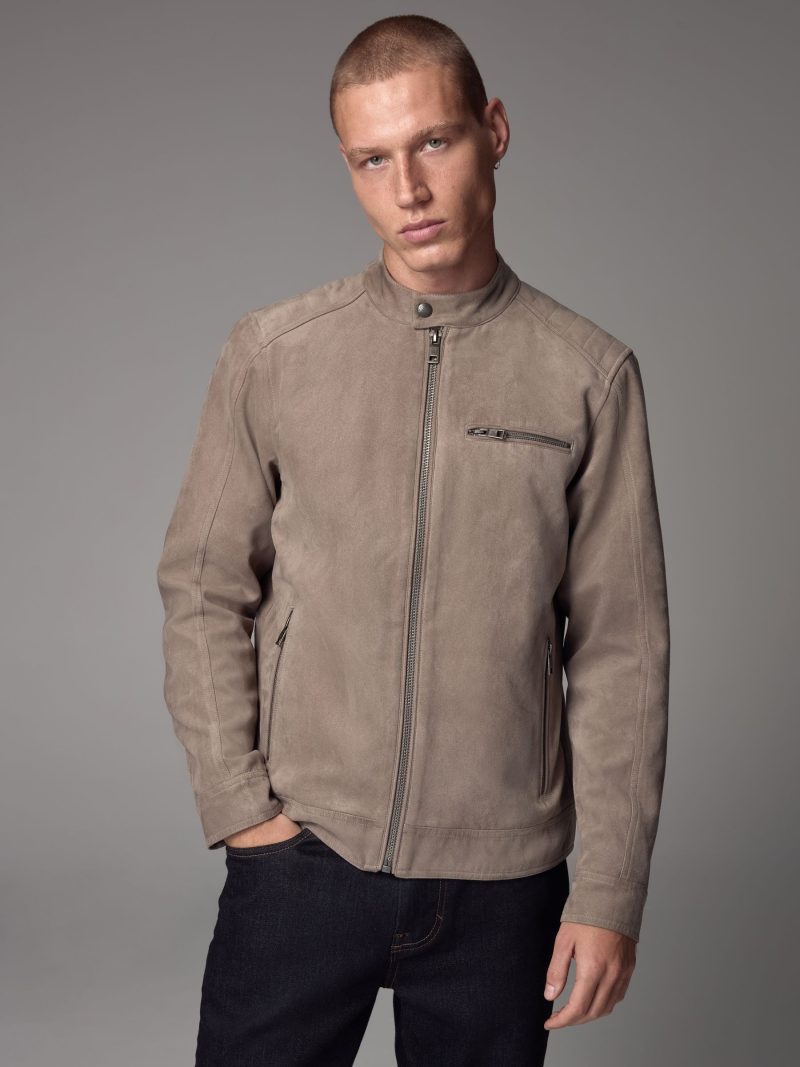 Comely84274 Grey Faux Suede Racer Jacket