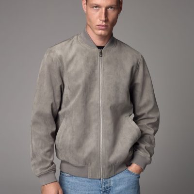 Comely84269 Light Grey Faux Suede Bomber Jacket