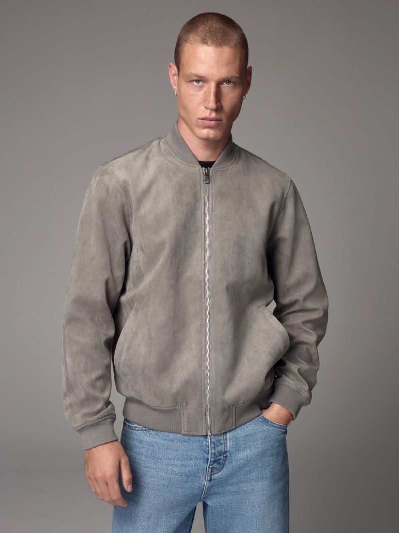 Comely84269 Light Grey Faux Suede Bomber Jacket