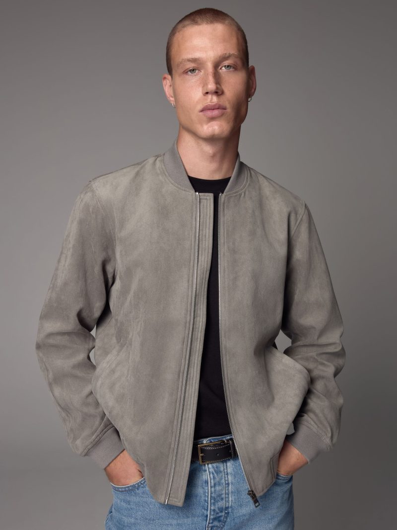 Comely84269 Light Grey Faux Suede Bomber Jacket - Image 4