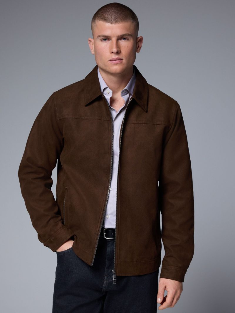 Comely84261 Brown Faux Suede Zip Through Collared Shacket