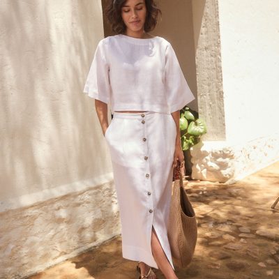 Comely84234 White Premium 100% Linen Button Down Pencil Skirt