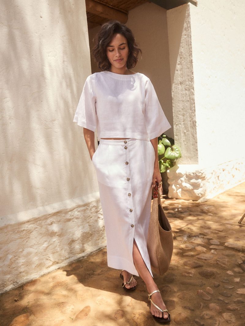 Comely84234 White Premium 100% Linen Button Down Pencil Skirt