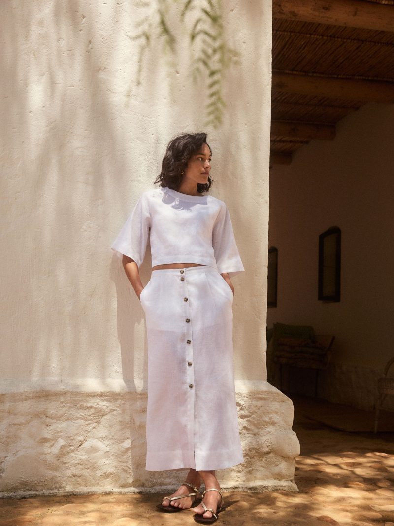 Comely84234 White Premium 100% Linen Button Down Pencil Skirt - Image 2