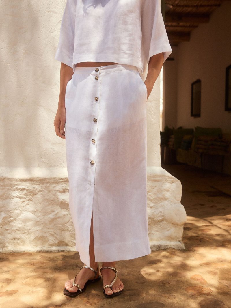 Comely84234 White Premium 100% Linen Button Down Pencil Skirt - Image 5