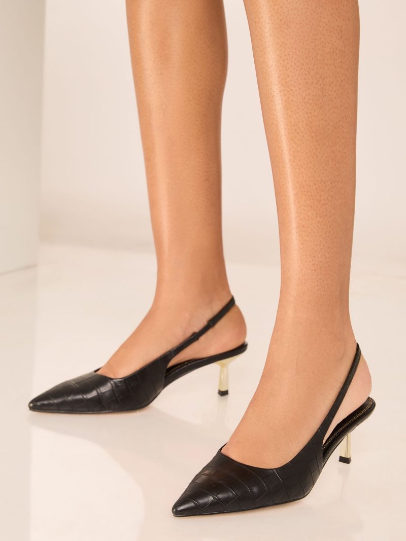Comely84305 Black Faux Leather Kitten Heel Pointed Slingback Court Shoes - Image 2