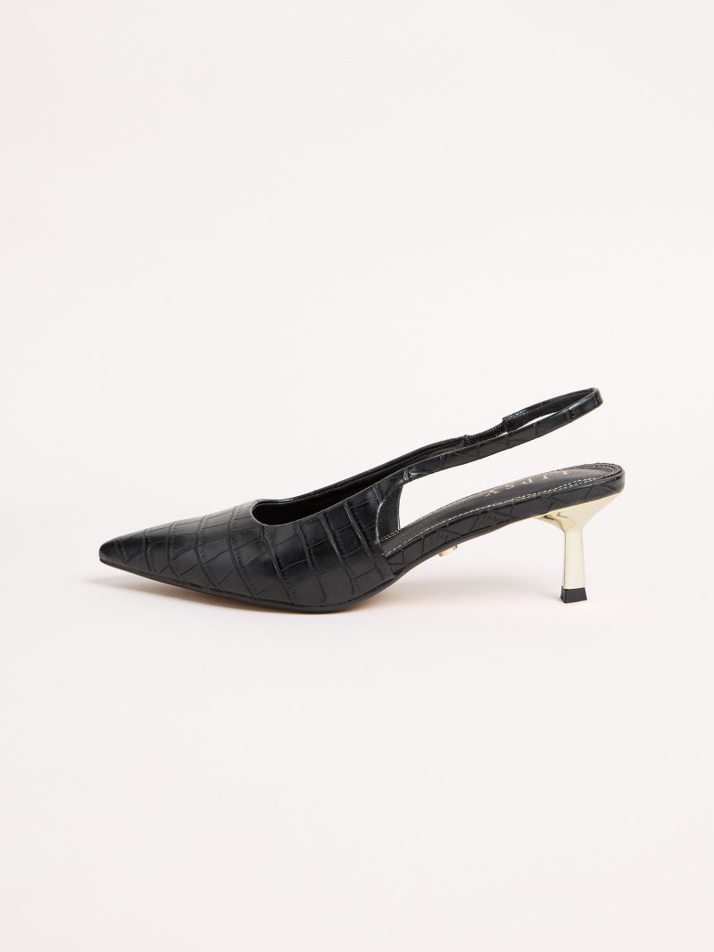 Comely84305 Black Faux Leather Kitten Heel Pointed Slingback Court Shoes - Image 5