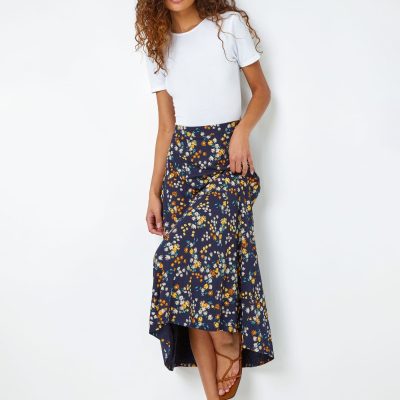 Comely84244 Blue Ditsy Floral Print Midi Skirt