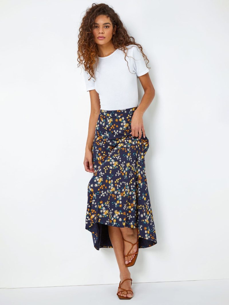 Comely84244 Blue Ditsy Floral Print Midi Skirt