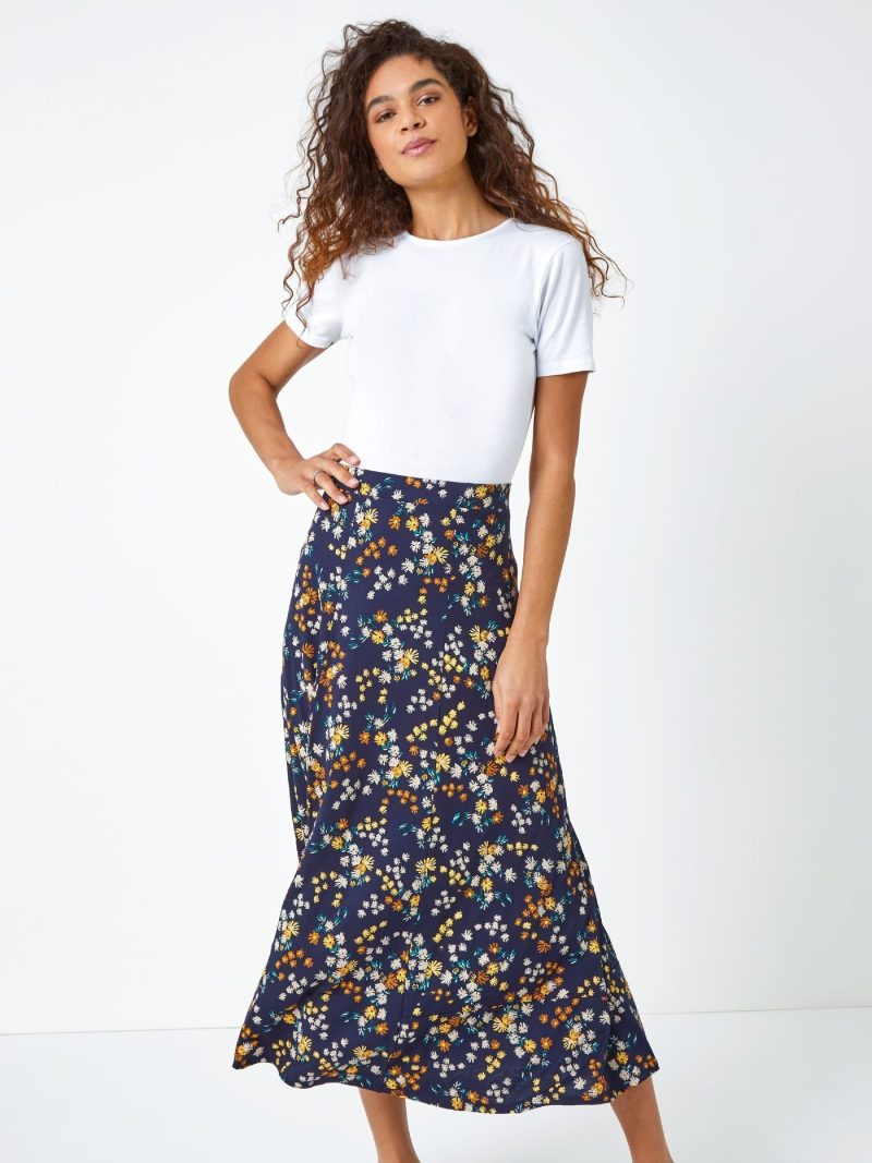 Comely84244 Blue Ditsy Floral Print Midi Skirt - Image 2