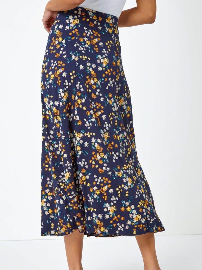 Comely84244 Blue Ditsy Floral Print Midi Skirt - Image 3