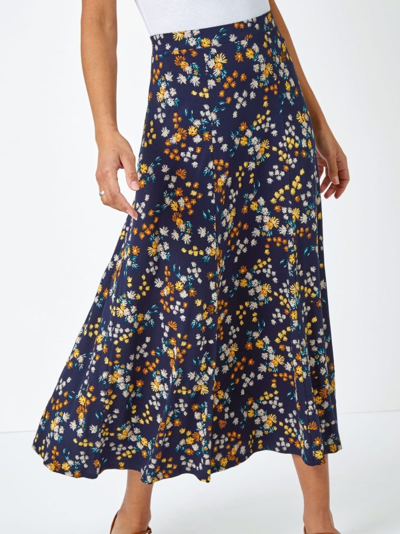Comely84244 Blue Ditsy Floral Print Midi Skirt - Image 4