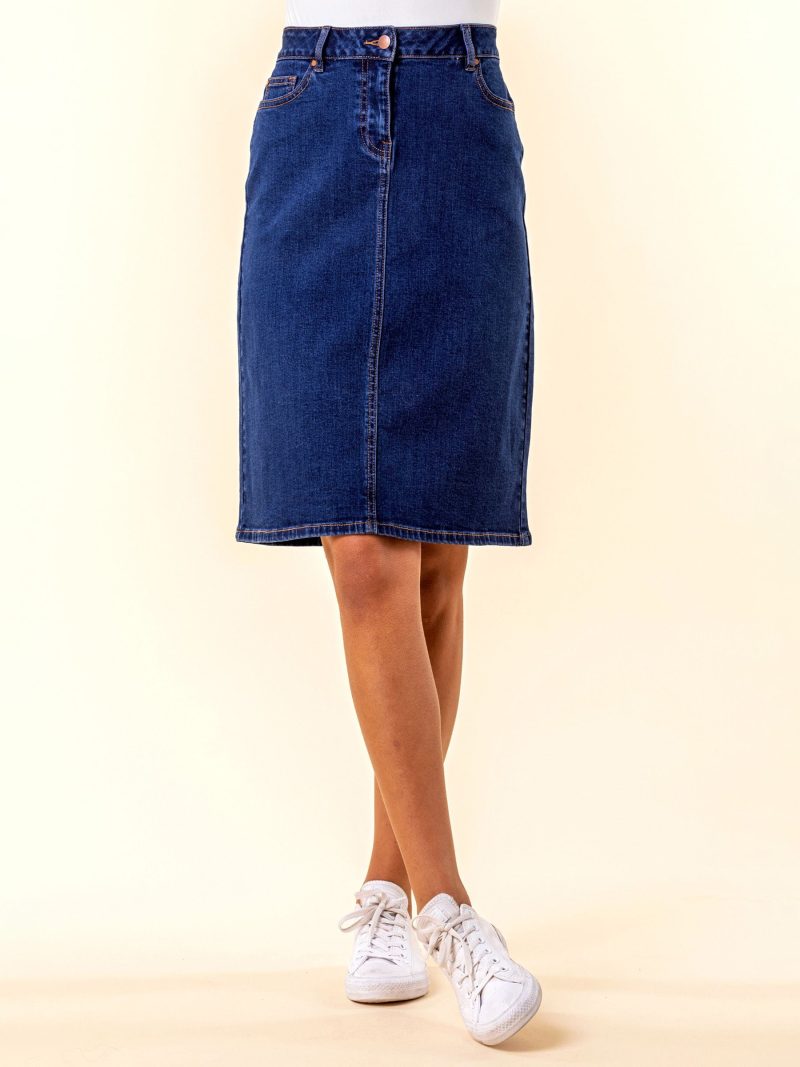 Comely84255 Denim Blue A-Line Knee Length Denim Skirt