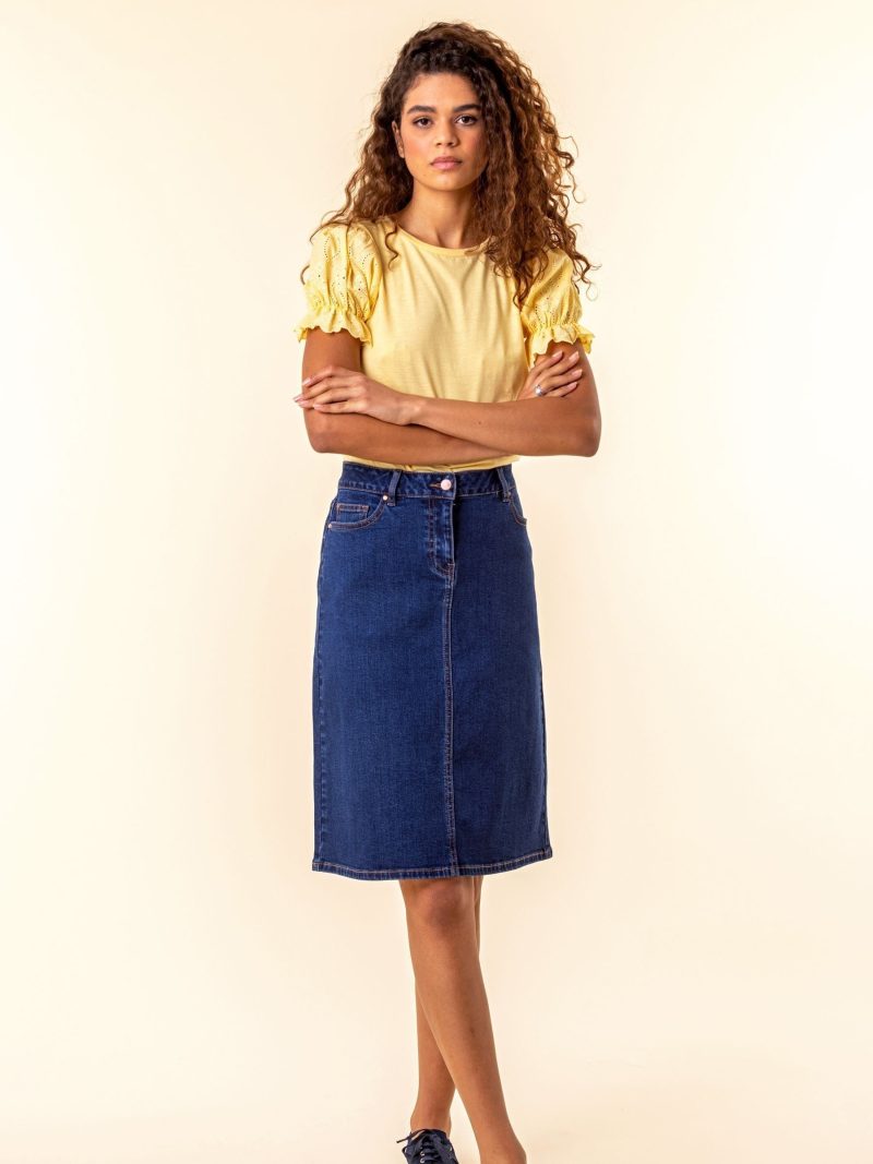 Comely84255 Denim Blue A-Line Knee Length Denim Skirt - Image 4